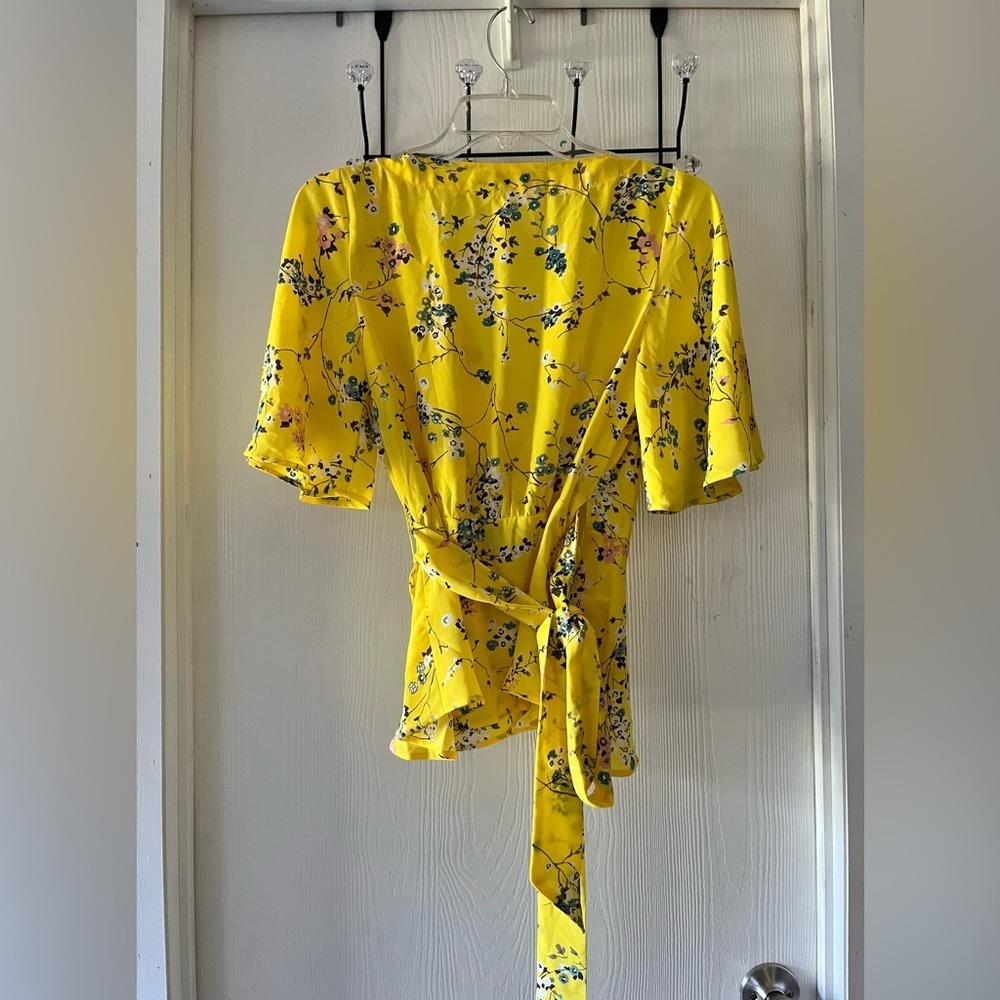 LOFT Yellow Floral Wrap-Tie Blouse - Picture 6 of 9